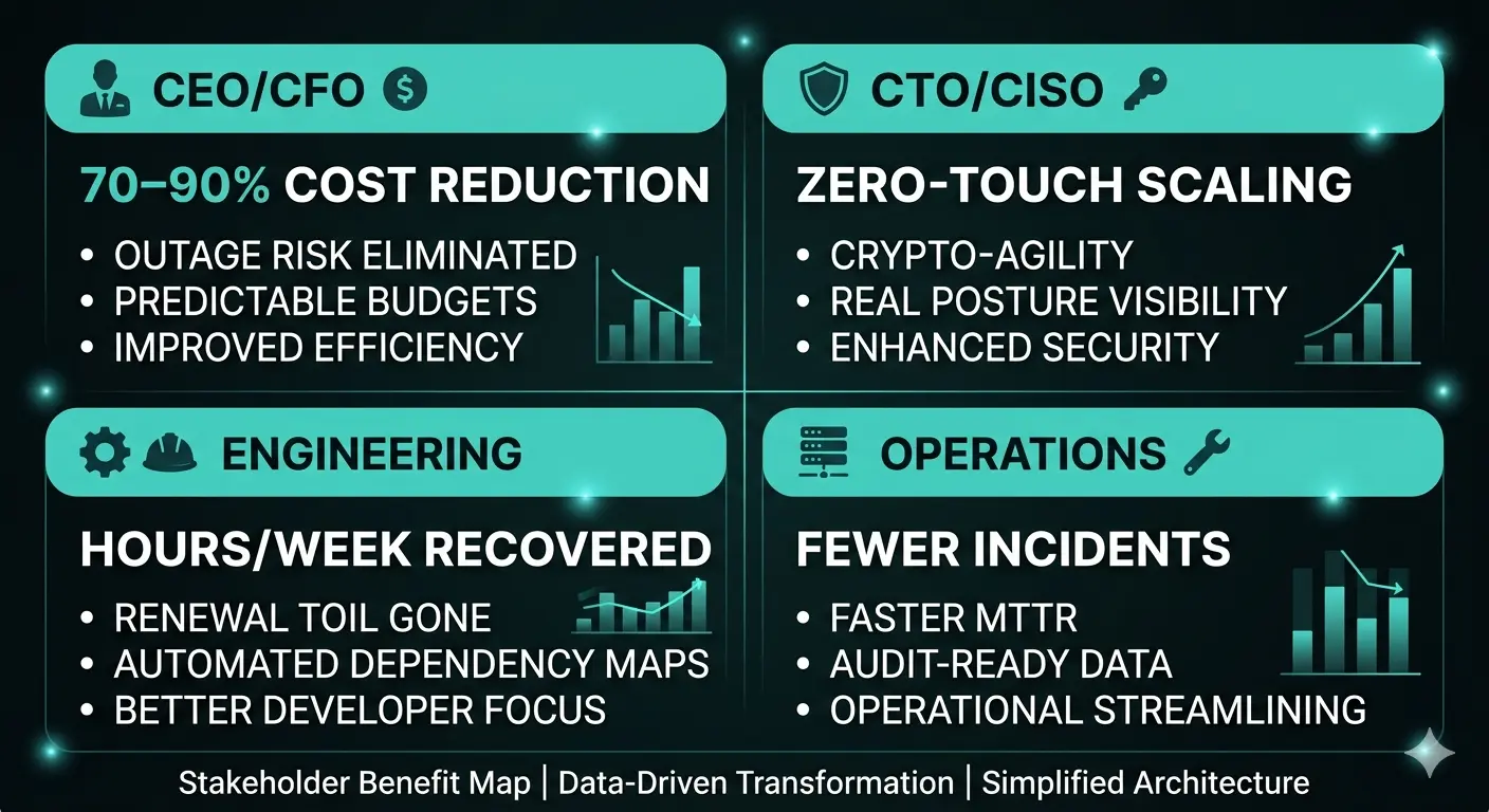 Figure 2. Automation benefit by stakeholder. CEO/CFO: cost reduction (70–90%) and outage risk elimination. CTO/CISO: crypto-agility, real security posture visibility, zero-touch scaling. Engineering: hours recovered per week, elimination of manual renewal toil, automated dependency mapping. Operations: reduced incident frequency, faster MTTR, audit-ready certificate data.