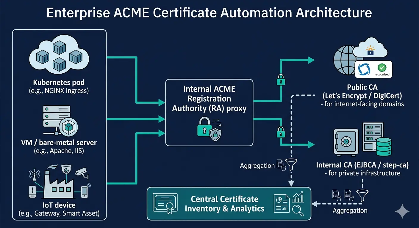 Figure 1. ACME enterprise automation flow. Workloads (Kubernetes pods, VMs, IoT devices) communicate with an internal ACME Registration Authority which proxies to the appropriate CA backend — public CA for internet-facing domains, internal CA for private infrastructure. A central inventory aggregates all issued certificates for monitoring, expiry alerting, and compliance reporting.