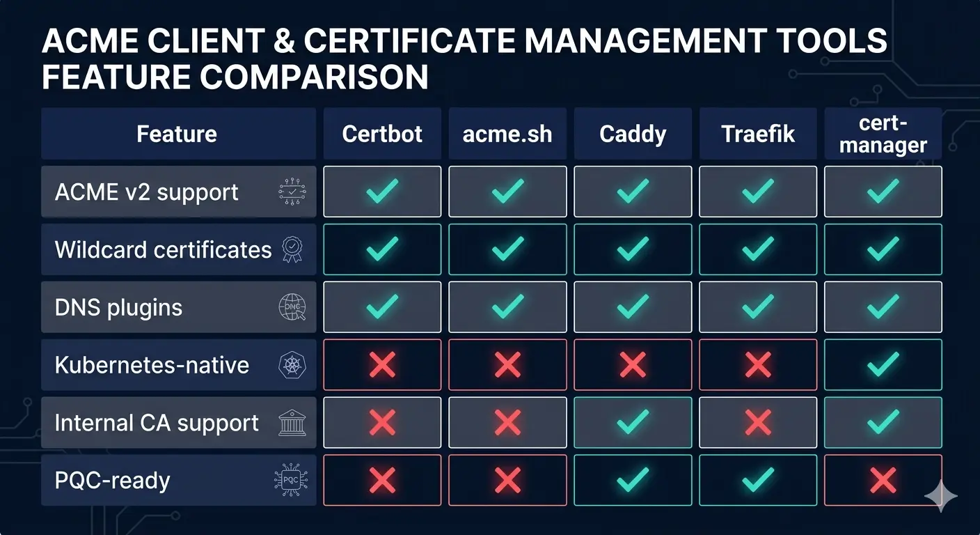 Figure 2. Free ACME tool feature comparison across five tools (Certbot, acme.sh, Caddy, Traefik, cert-manager) and six dimensions: ACME v2 support, wildcard certificates, DNS plugins, Kubernetes-native, internal CA support, PQC-ready. Checkmarks (teal) and X marks (red) in each cell. Column headers in dark navy, alternating row shading, white text. Dark background.