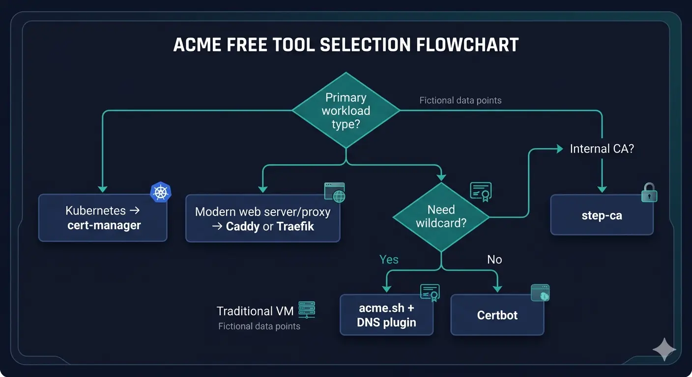 Figure 1. Free ACME tool selection flowchart. Start: 'What is your primary workload?' → Kubernetes: cert-manager → Modern web server / reverse proxy: Caddy or Traefik → Traditional VM / bare-metal: 'Need wildcard certs?' → Yes: acme.sh + DNS plugin → No: Certbot. Branch also: 'Running internal CA?' → Yes: step-ca (Smallstep). Teal decision diamonds, navy recommendation boxes, white labels, dark background.