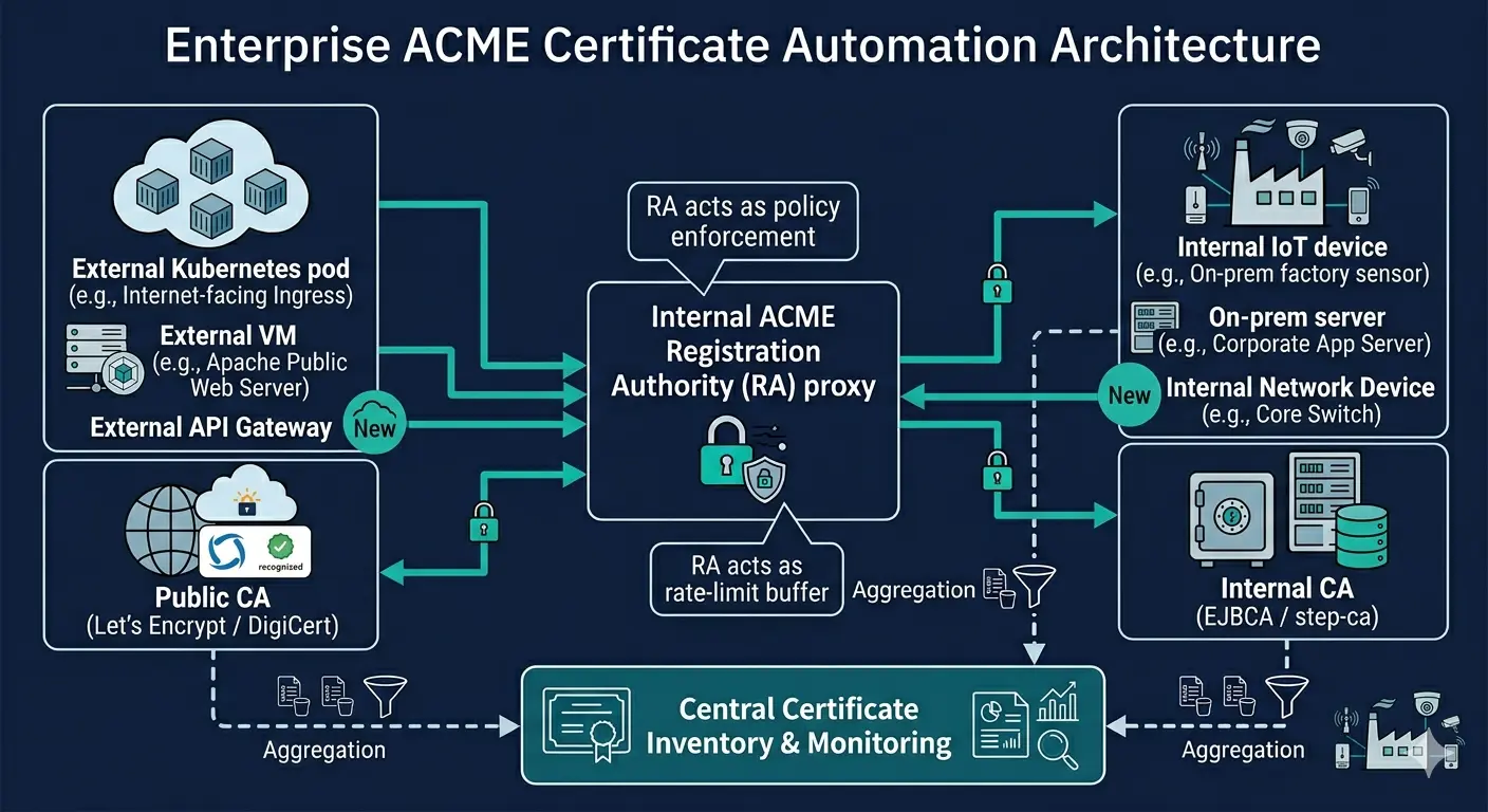 Figure 1. Enterprise ACME deployment architecture. Two parallel paths: external workloads (Kubernetes, VMs) route through an ACME RA proxy to a public CA (Let's Encrypt / DigiCert); internal workloads (IoT, on-prem servers) route through the same RA to an internal CA (EJBCA / step-ca). Both paths feed a central certificate inventory. The RA acts as a policy enforcement and rate-limit buffer between clients and CAs. Dark background, teal connecting lines.