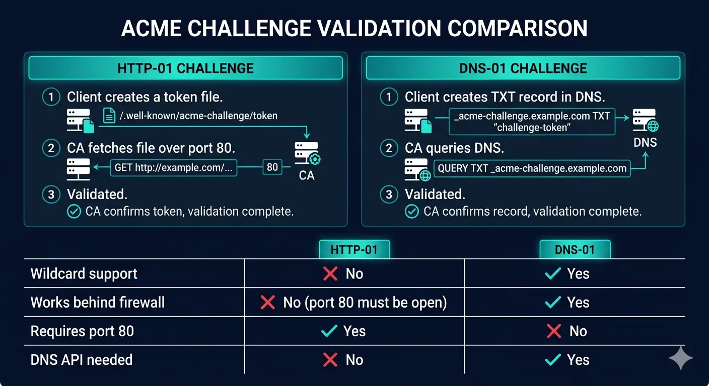 Figure 2. ACME challenge type comparison. Left panel 'HTTP-01': client places token at /.well-known/acme-challenge/ URL → CA fetches over port 80 → validates. Right panel 'DNS-01': client creates TXT record in DNS zone → CA queries DNS → validates. Comparison grid below: HTTP-01 supports single domains (no wildcards); DNS-01 supports wildcards and works behind firewalls. Teal panel headers, dark navy background, white body text.