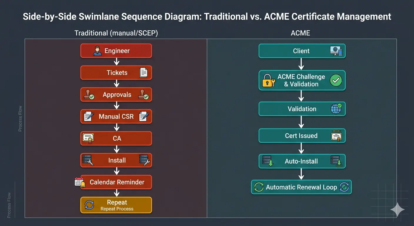 Figure 1. Certificate enrollment flow compared. Traditional approaches (manual or SCEP) require 7+ steps including tickets, approvals, and manual CSR submission. ACME reduces this to 4 automated steps: order → challenge → validate → issue, with automatic renewal triggered by the client — no human involvement required.