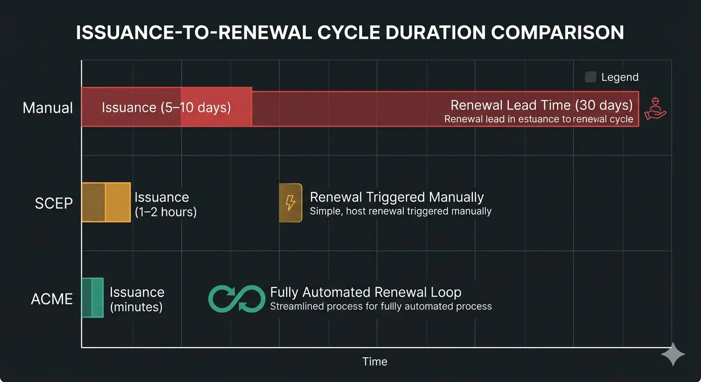 Figure 2. Issuance-to-renewal cycle duration by protocol. Manual: 5–10 days issuance, 30-day lead time for renewal. SCEP: 1–2 hours, but renewal must still be manually triggered. ACME: minutes for issuance, fully automated renewal loop — the only protocol that scales to 47-day certificate lifetimes without linear growth in operational effort.