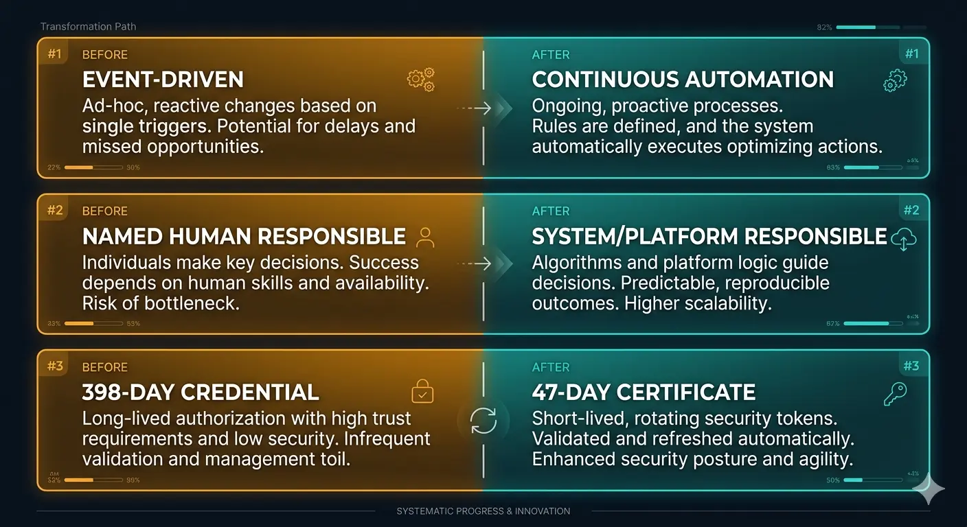 Figure 2. Three structural shifts from manual to ACME-based certificate management. Shift 1: Event-driven → Continuous (manual fires on expiry warning; ACME runs always). Shift 2: Individual accountability → System reliability (named human responsible → automation platform responsible). Shift 3: Long-lived credentials → Short-lived certificates (398-day exposure window → 47-day maximum). Each shift shown as a before/after comparison card. Dark background, amber 'before' cards, teal 'after' cards.