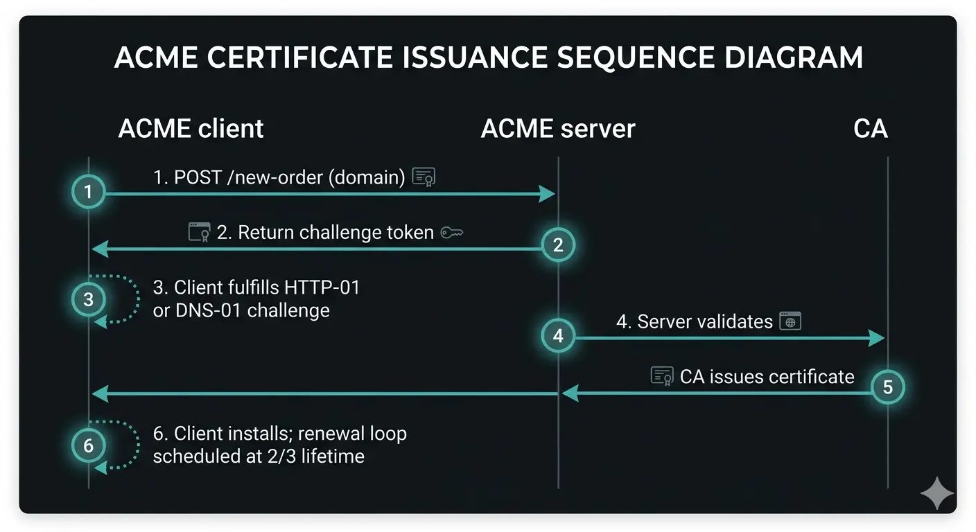 Figure 1. ACME RFC 8555 protocol sequence. Six numbered steps between three actors (ACME client, ACME server, CA): 1. Client POSTs order for domain. 2. Server returns challenge token. 3. Client completes HTTP-01 or DNS-01 challenge. 4. Server validates domain control. 5. Server issues certificate. 6. Client installs and schedules renewal loop at 2/3 of lifetime. Dark background, teal arrows, numbered step badges, white label text.