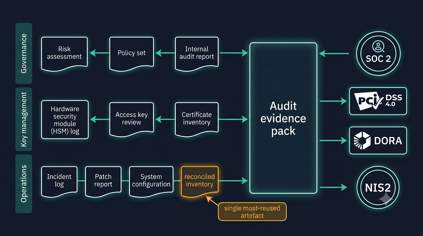 Diagram showing PKI governance, key management, and operations artefacts assembled into one audit evidence pack that satisfies SOC 2, PCI DSS 4.0, DORA, and NIS2 requirements.