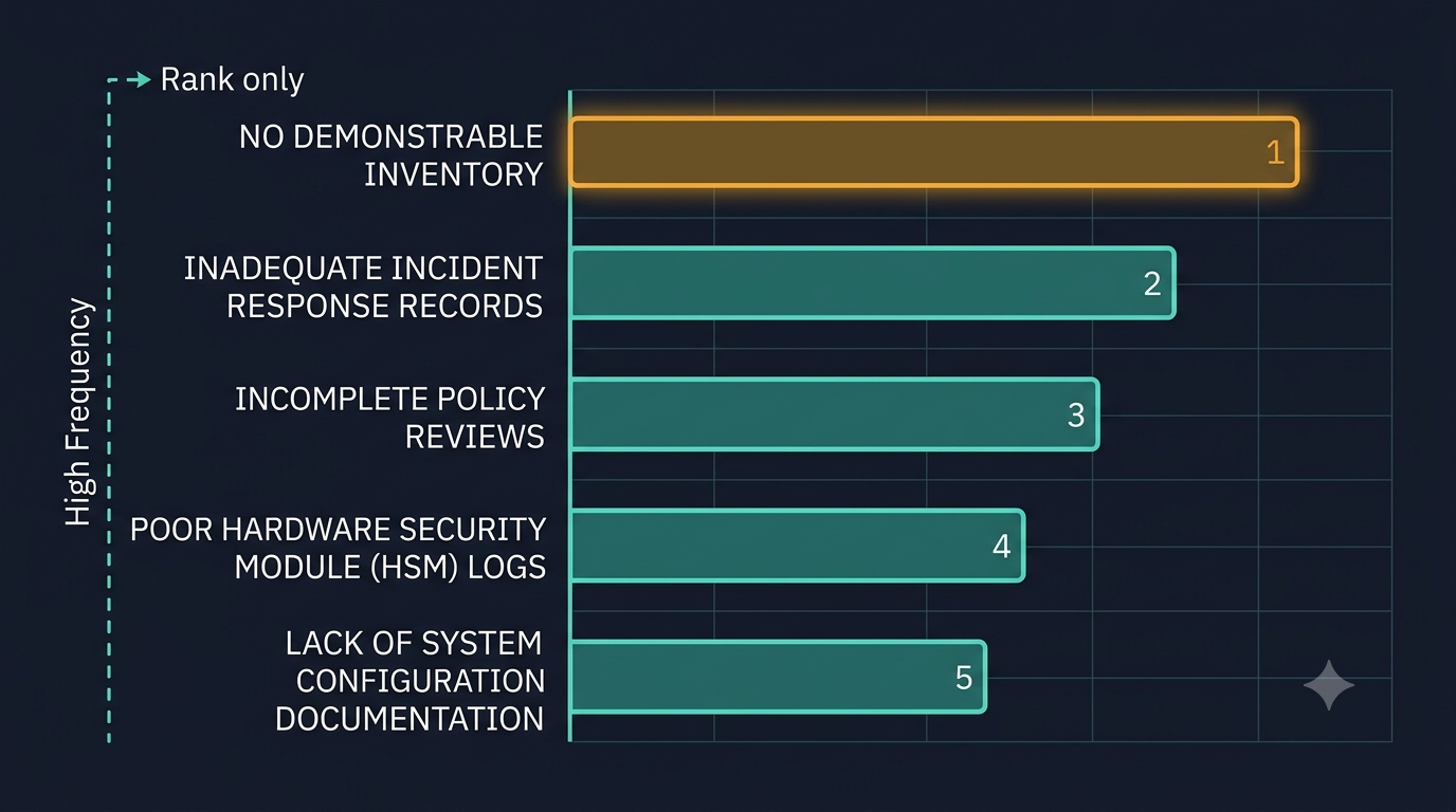 Bar chart ranking the five most frequent PKI audit findings, led by the inability to evidence a complete certificate inventory.