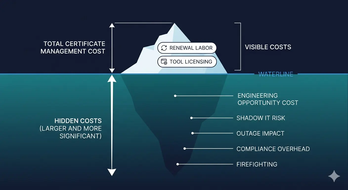 Figure 1. The certificate management cost iceberg. The visible tip — renewal labour and tool licensing — represents less than 20% of total spend. The submerged portion (engineering opportunity cost, shadow IT risk, outage impact, compliance overhead, and firefighting) drives the bulk of the real cost.