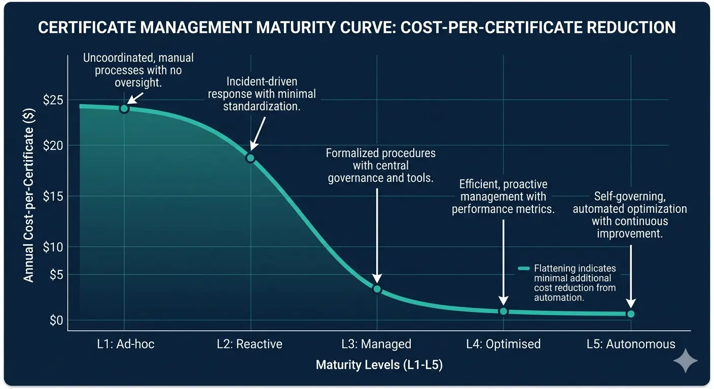 Figure 2. Certificate management maturity curve. Cost-per-certificate drops steeply from Level 1 (ad-hoc, $500+/cert/yr) through Level 3 (managed, $50–$80/cert/yr) then flattens at Level 5 (autonomous, <$10/cert/yr). Most enterprises cluster at L2–L3; moving to L4 delivers the largest cost reduction relative to effort.