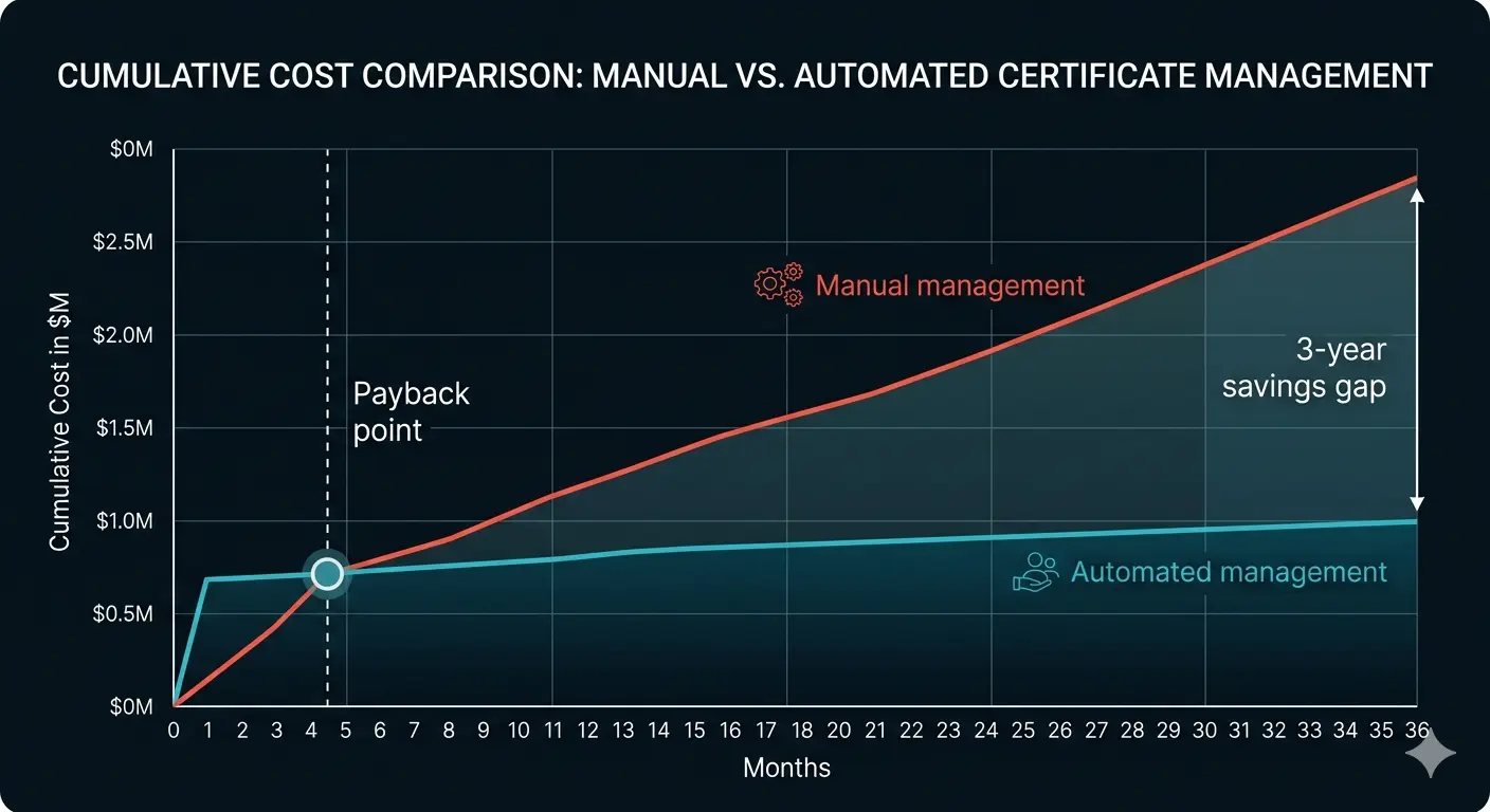 Figure 2. Cumulative cost over 36 months: manual management (rising steeply) versus automated (one-time implementation spike then slow growth). Lines cross at the payback point — typically 3–6 months — with the gap widening to show 3-year savings of $500K–$8M+ depending on estate size.