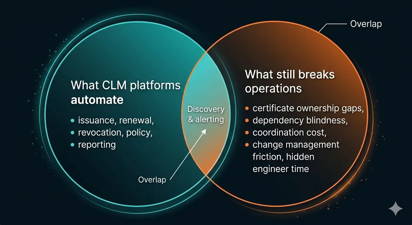 Figure 2. The CLM platform gap. Both Venafi and Keyfactor cover certificate discovery and automation (centre overlap), but neither addresses the operational causes of certificate incidents: ownership gaps, dependency blindness, coordination cost, and hidden engineer time — the areas that drive most of the real spend.