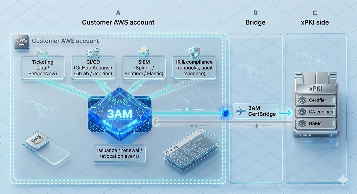 Deployment diagram: 3AM core runs inside the customer's AWS account with all operational integrations (ticketing, CI/CD, SIEM, IR, compliance); 3AM CertBridge is the connector from 3AM to xPKI running on the AxelSpire/Comcast side.