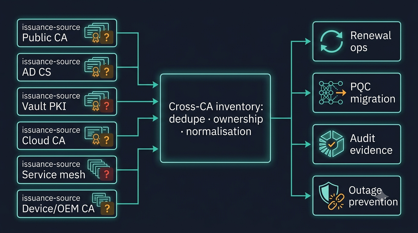 Architecture diagram showing certificates from six issuance sources reconciled into a single cross-CA inventory that feeds renewal operations, post-quantum migration planning, audit evidence, and outage prevention.