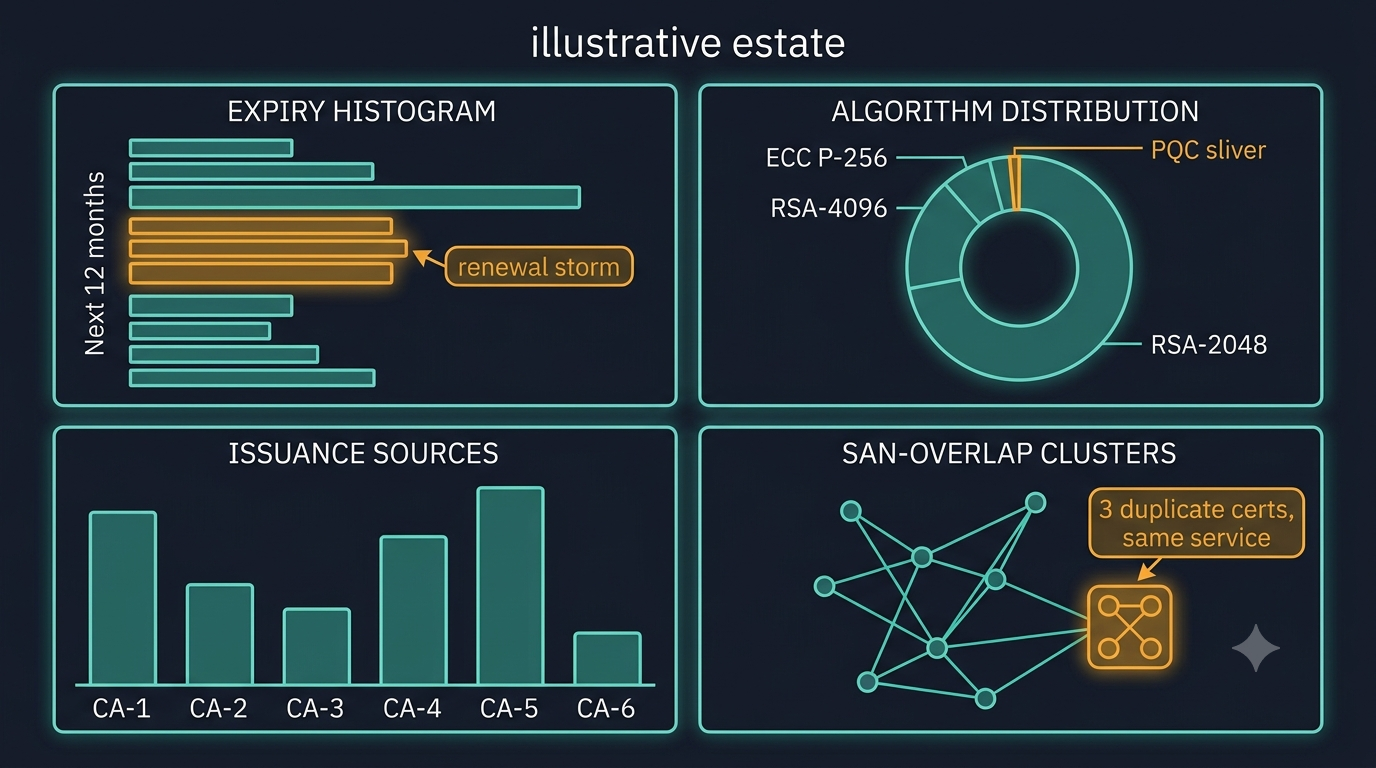 Four-panel certificate estate analytics dashboard showing expiry clustering, key algorithm distribution, certificates per issuance source, and SAN-overlap clusters identifying duplicate certificates.