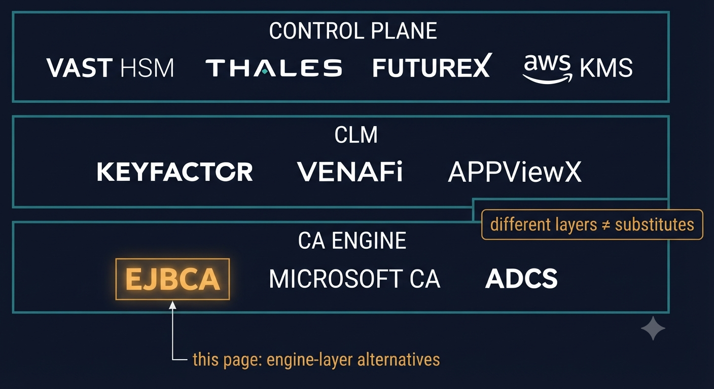 Diagram of the three PKI product layers — CA engine, certificate lifecycle management, and multi-CA control plane — showing EJBCA and its true alternatives at the engine layer.