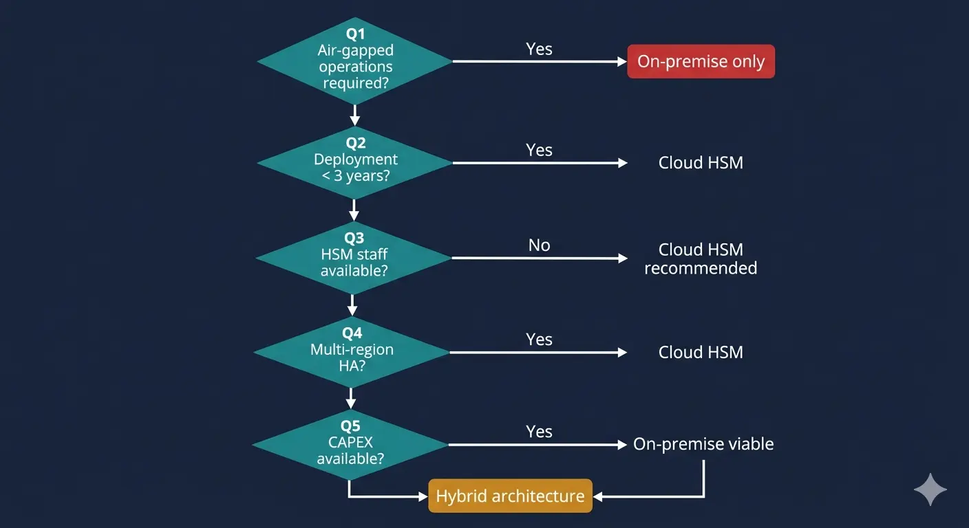 Figure 2. HSM deployment decision framework — five questions. Q1: Air-gapped operations required? → Yes: On-premise only. Q2: Deployment horizon < 3 years? → Yes: Cloud HSM. Q3: HSM-competent staff available? → No: Cloud HSM recommended. Q4: Multi-region HA needed? → Yes: Cloud HSM. Q5: CAPEX budget available? → Yes: On-premise viable. Both paths unresolved → Hybrid architecture. Teal decision diamonds, navy outcome boxes, red constraint markers, dark background.