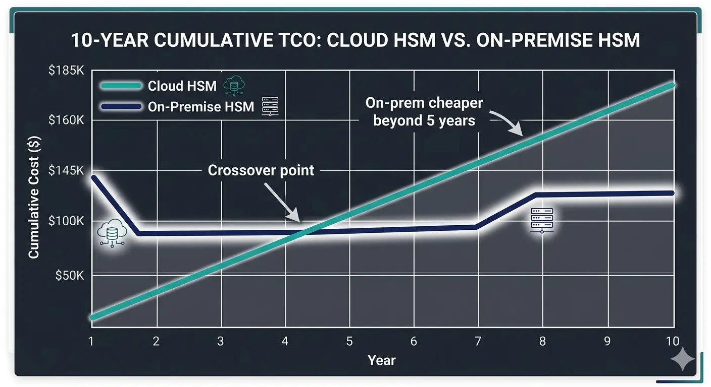 Figure 1. 10-year TCO crossover: cloud HSM vs on-premise. Cloud HSM line (teal) starts low but rises linearly with annual fees. On-premise line (navy) starts high (hardware purchase year 1) but flattens after the first year, with a second step at year 7–8 for hardware refresh. Lines cross at approximately year 3–5. Annotation: 'Crossover point varies with volume, network costs, and vendor terms.' Dark background, white labels, clean line chart.