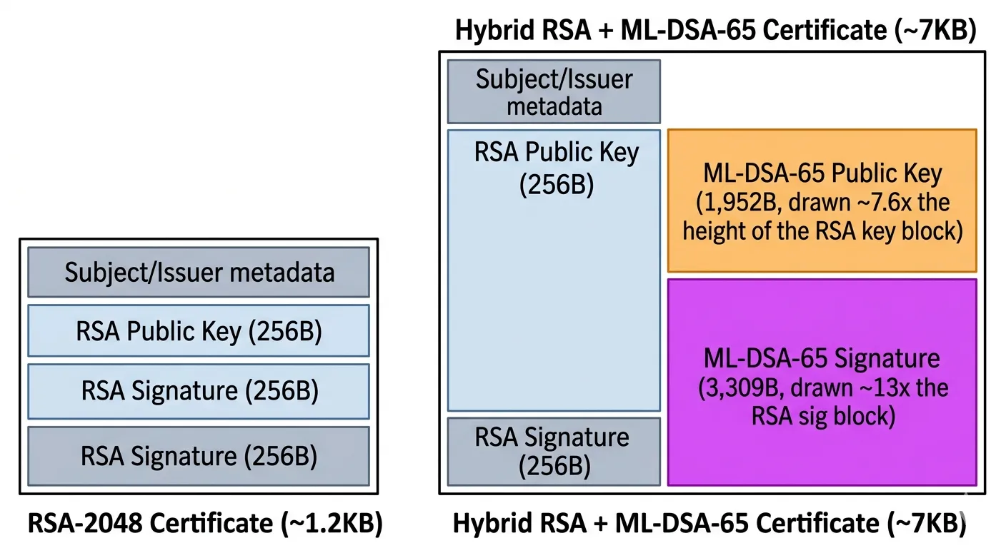 Hybrid certificate anatomy: RSA vs RSA+ML-DSA-65
