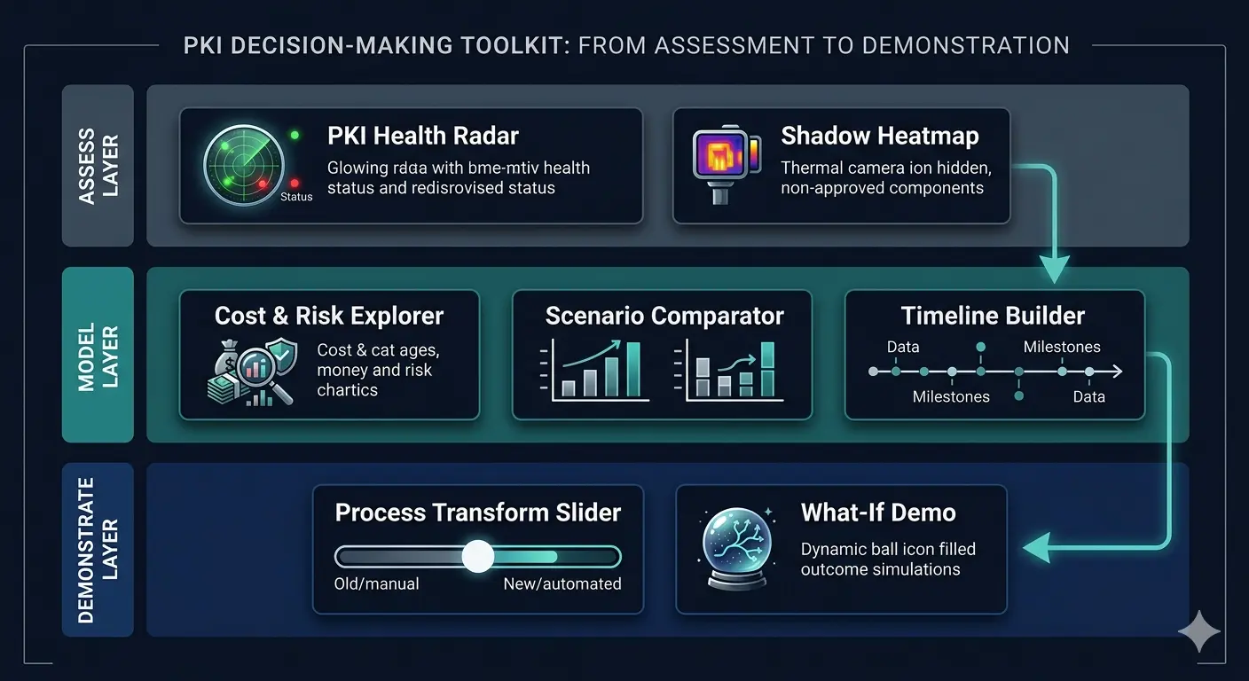 Figure 1. Seven tools, three decision layers. Assess layer: PKI Health Radar and Shadow Heatmap establish baseline and surface unknown inventory. Model layer: Cost & Risk Explorer, Scenario Comparator, and Timeline Builder quantify options and regulatory deadlines. Demonstrate layer: Process Transform Slider and What-If Demo turn findings into executive-ready visuals.