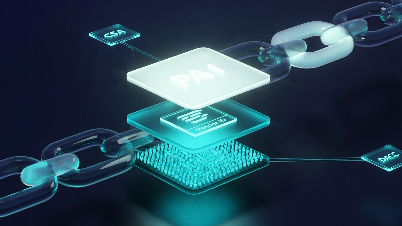 Matter PKI hierarchy showing the three-tier chain: Product Attestation Authority (PAA) signs Product Attestation Intermediate (PAI), which signs Device Attestation Certificate (DAC)