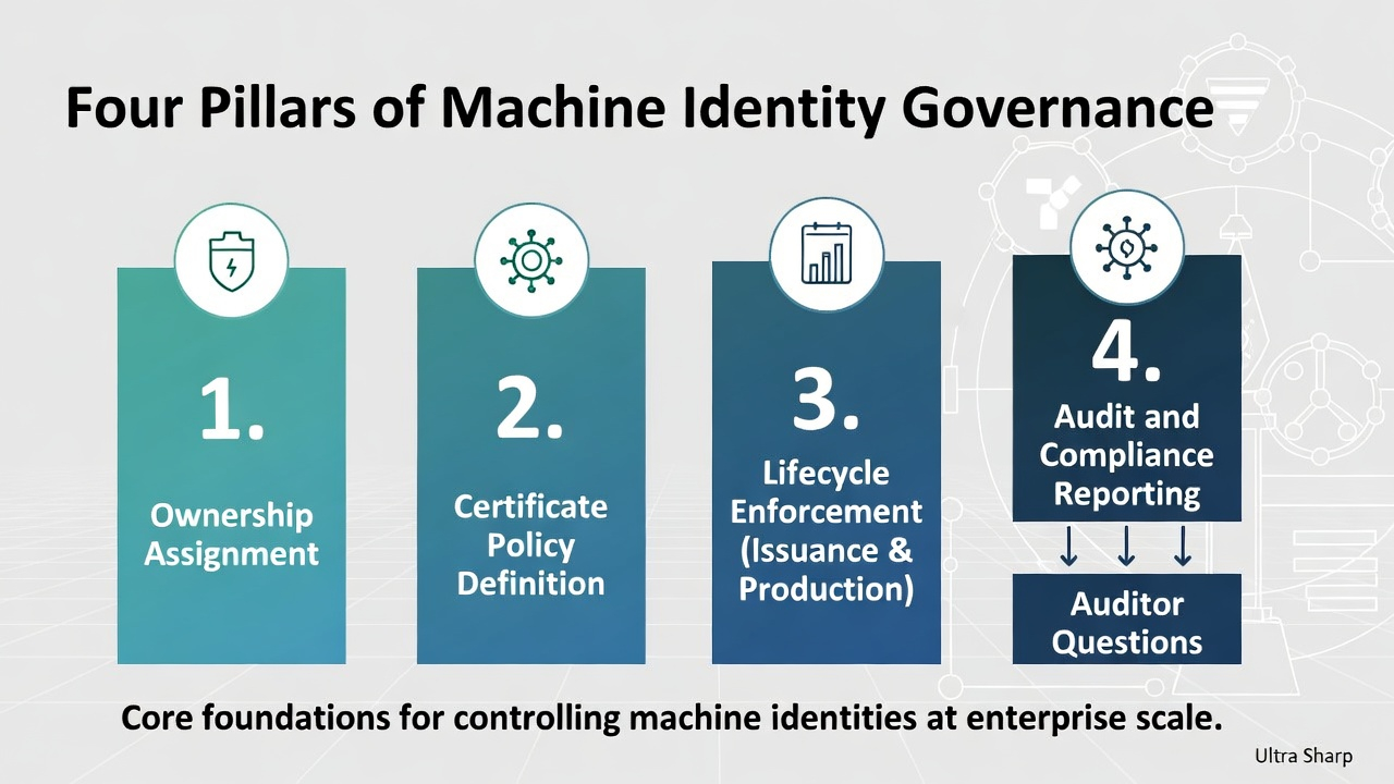 Four pillars of machine identity governance: ownership assignment, certificate policy definition, lifecycle enforcement at issuance and in production, and audit and compliance reporting feeding auditor questions.