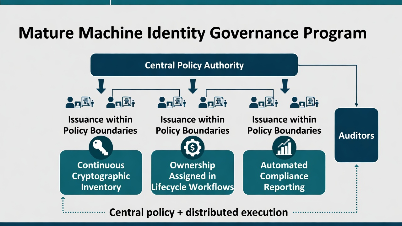 Mature machine identity governance: central policy authority, distributed issuance within boundaries, continuous inventory, ownership in lifecycle workflows, and automated compliance reporting to auditors.