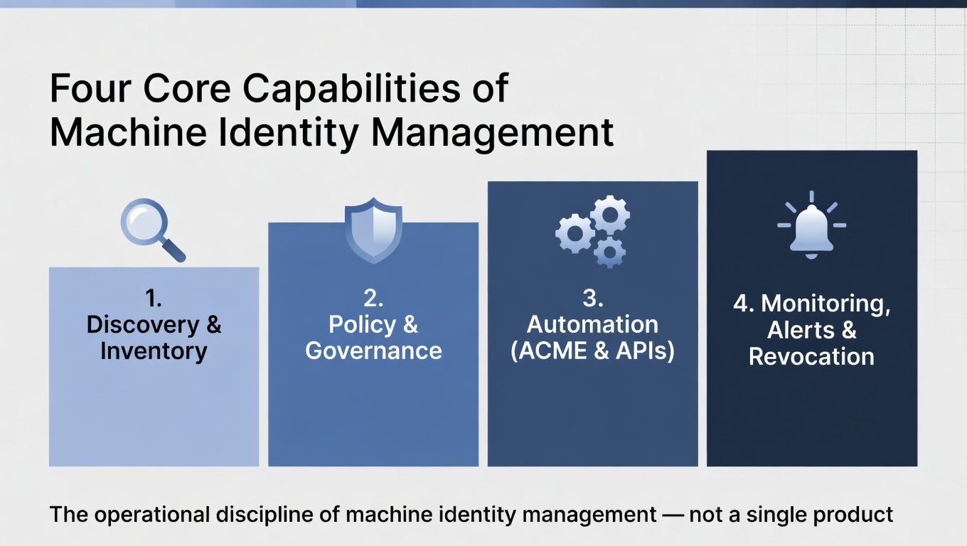 Four-column diagram: discovery and inventory, policy and governance, automation through ACME and APIs, and monitoring with alerts and revocation — the operational discipline of machine identity management, not a single product.