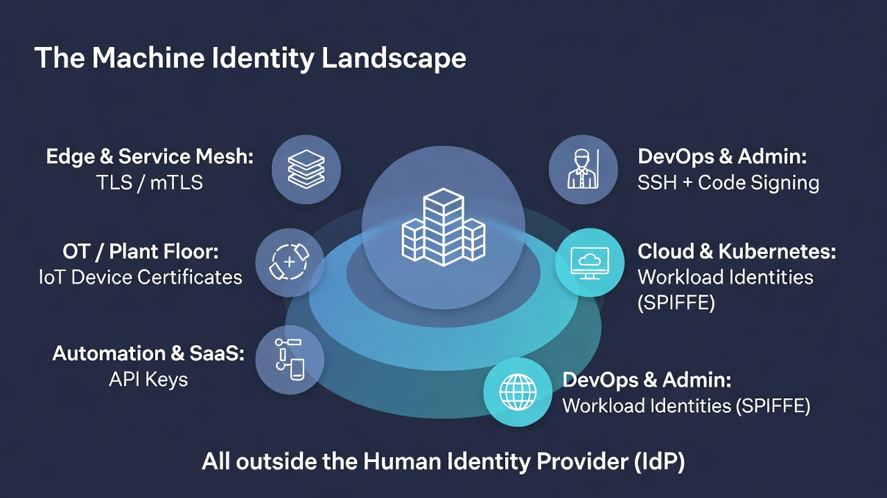 Diagram of machine identity categories around an enterprise: TLS and mTLS at the edge and in service meshes, SSH and code signing in build and admin paths, workload identities in Kubernetes and cloud IAM, IoT device certificates on the plant floor, and API keys connecting SaaS and automation — all outside the human IdP.