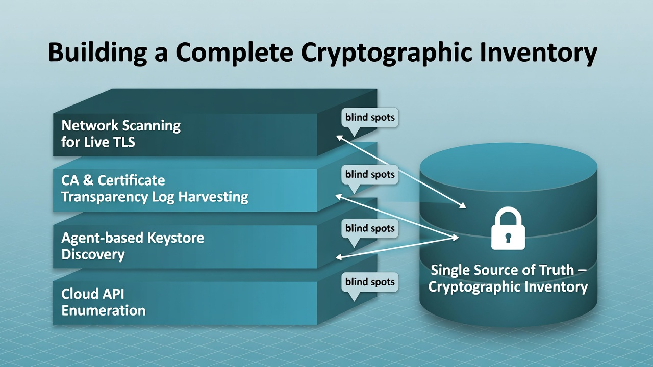 Four layers merging into one cryptographic inventory: network scanning for live TLS, CA and CT log harvesting, agent-based keystore discovery, and cloud API enumeration — each with noted blind spots.