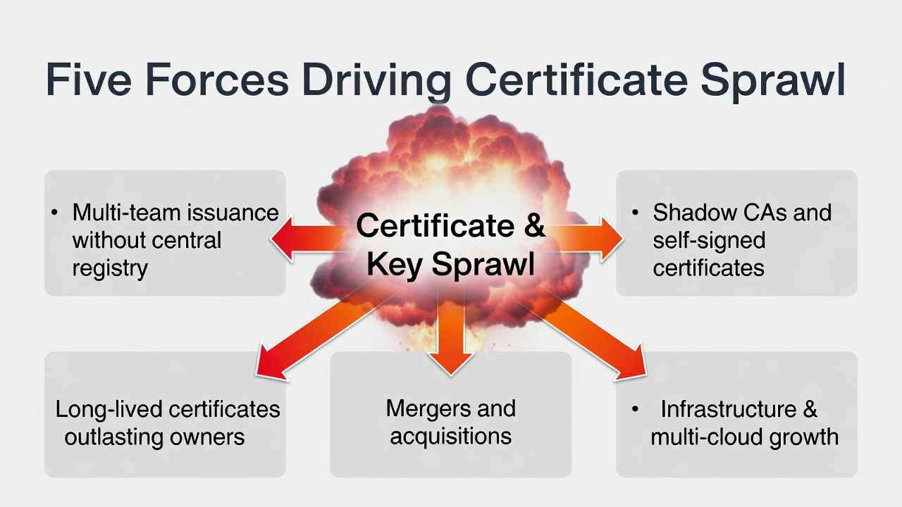 Five causes of certificate sprawl: multi-team issuance without a registry, shadow CAs and self-signed certs, infrastructure and multi-cloud growth, mergers and acquisitions, and long-lived certificates outlasting owners.
