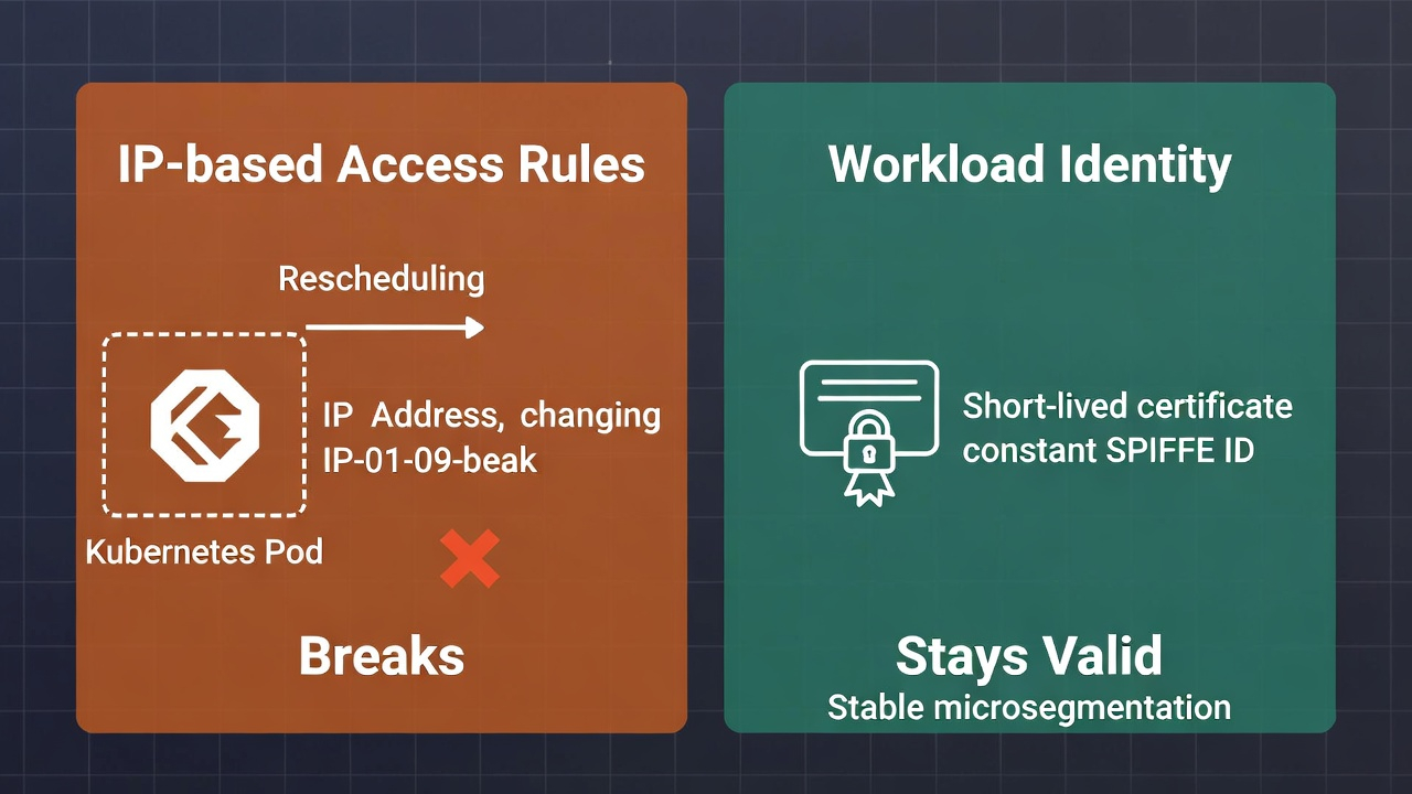 Contrast diagram: IP-based rules that break when a pod reschedules versus workload identity carried in a short-lived certificate and SPIFFE ID that stays valid across IP changes for microsegmentation policy.