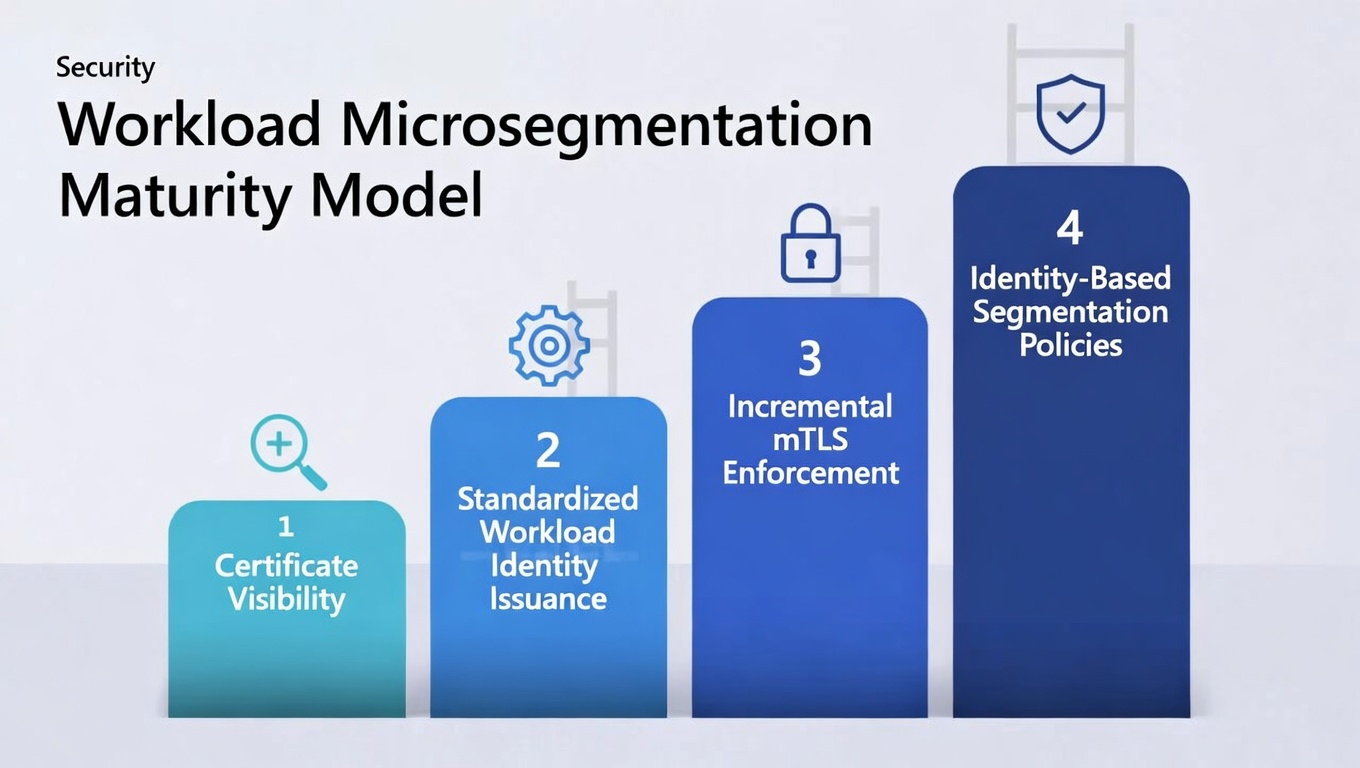 Four-step maturity ladder for microsegmentation: certificate visibility, standardized workload identity issuance, incremental mTLS enforcement, then identity-based segmentation policies.
