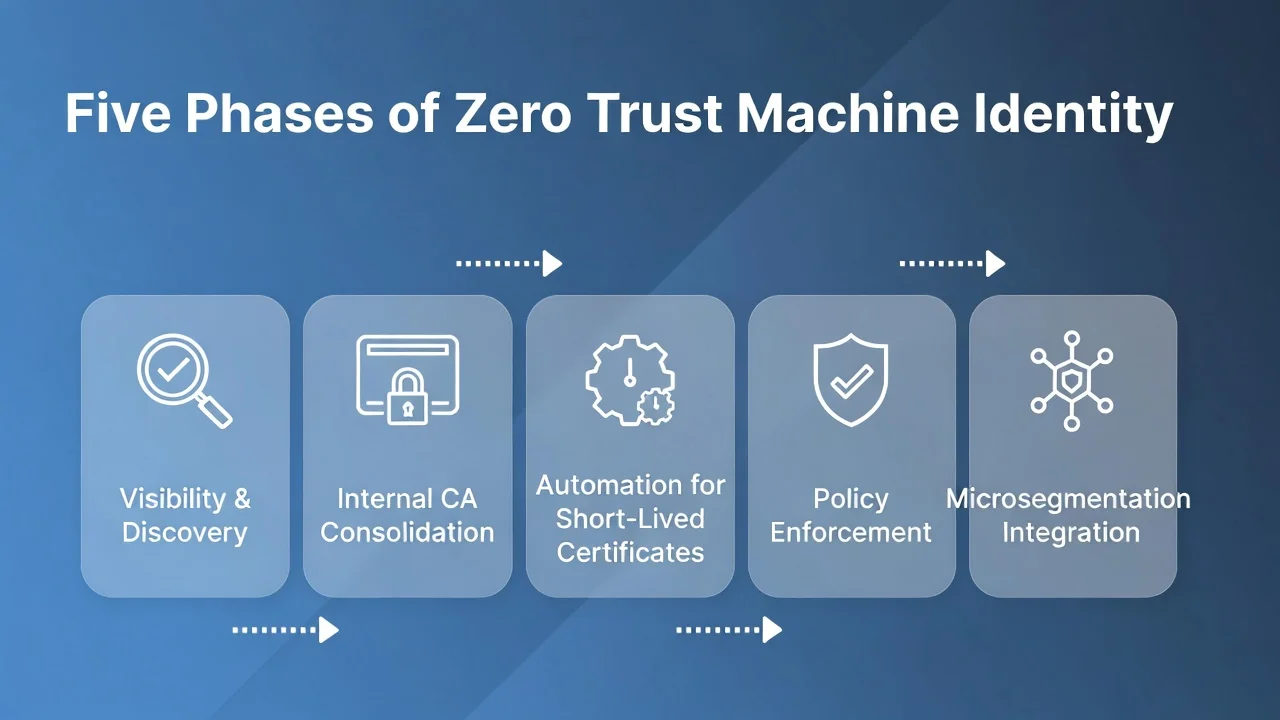 Five-phase sequence for zero trust machine identity: visibility and discovery, internal CA consolidation, automation for short-lived certs, policy enforcement, then microsegmentation integration.