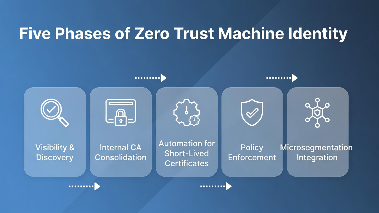 Five-phase sequence for zero trust machine identity: visibility and discovery, internal CA consolidation, automation for short-lived certs, policy enforcement, then microsegmentation integration.