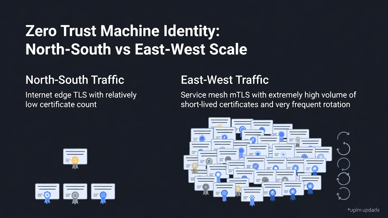 Zero trust machine identity split: north-south Internet edge TLS at smaller certificate counts versus east-west service mesh mTLS at vastly higher short-lived certificate volume and rotation load.