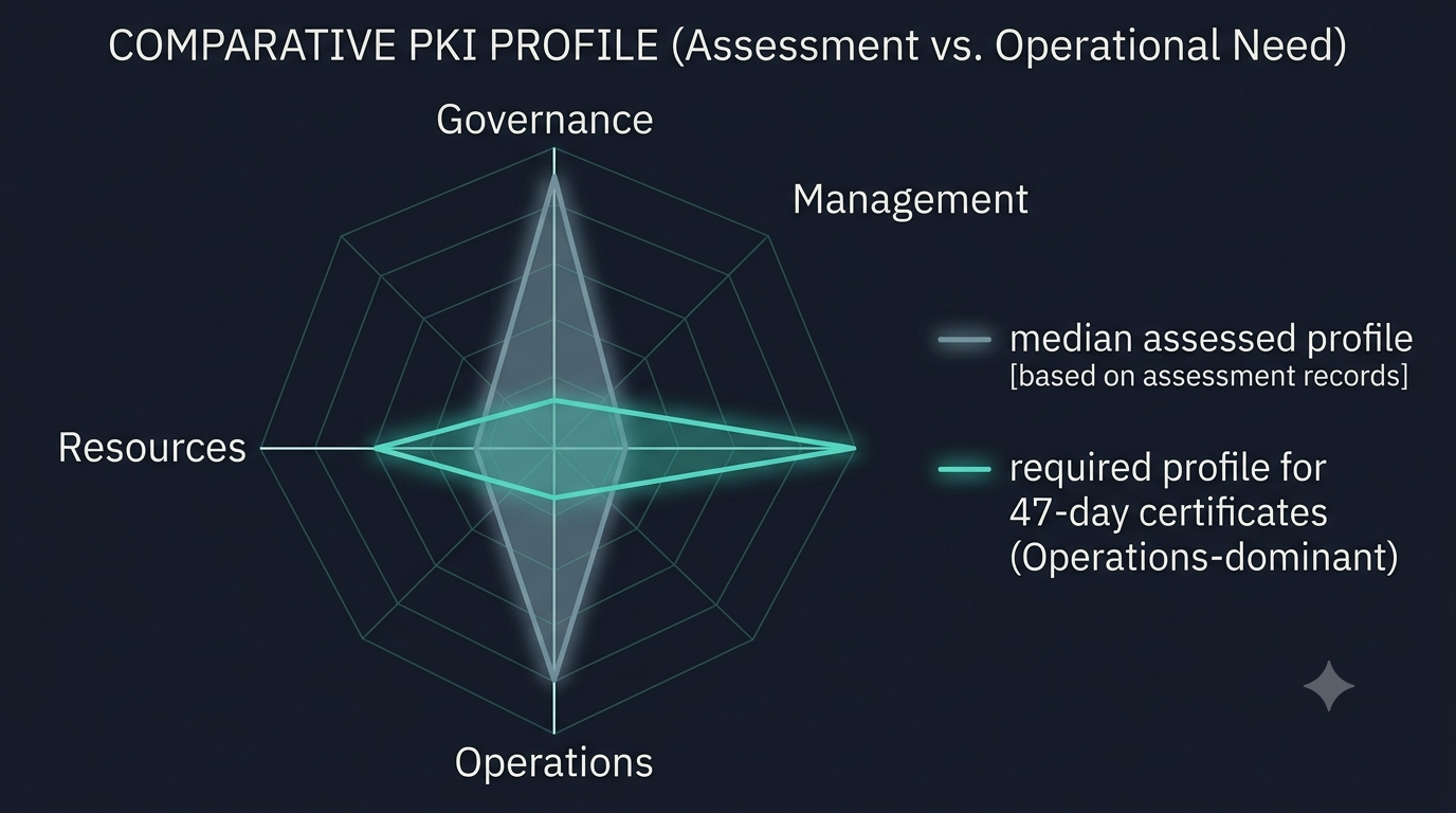 Radar chart comparing typical enterprise PKI maturity, strongest in governance, against the operations-dominant profile required for 47-day certificate lifetimes.
