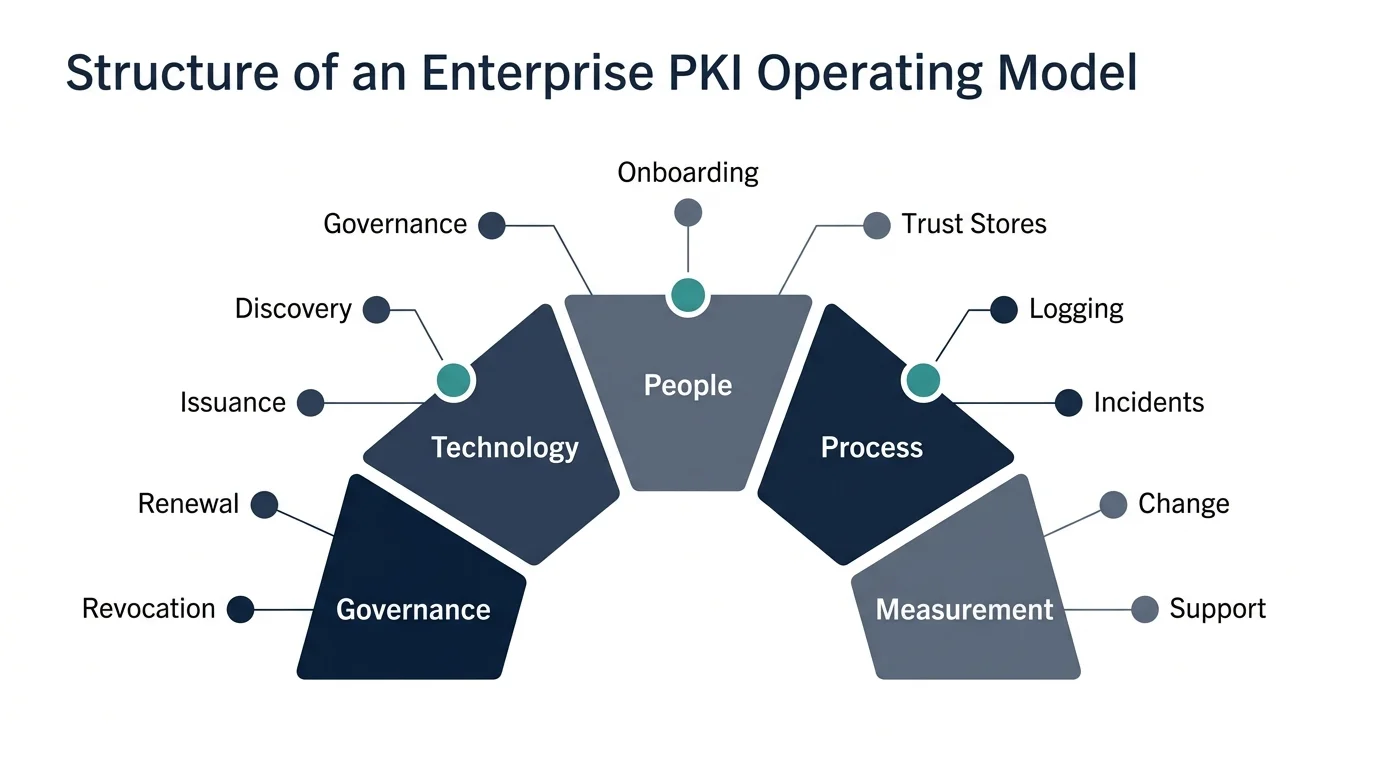 Figure 1. The eleven operational domains of an enterprise PKI operating model. Each is a discrete function with its own workflow, failure modes, and measurement criteria. A platform addresses one of the five layers — technology — and only partially; an operating model addresses all eleven domains across all five layers.