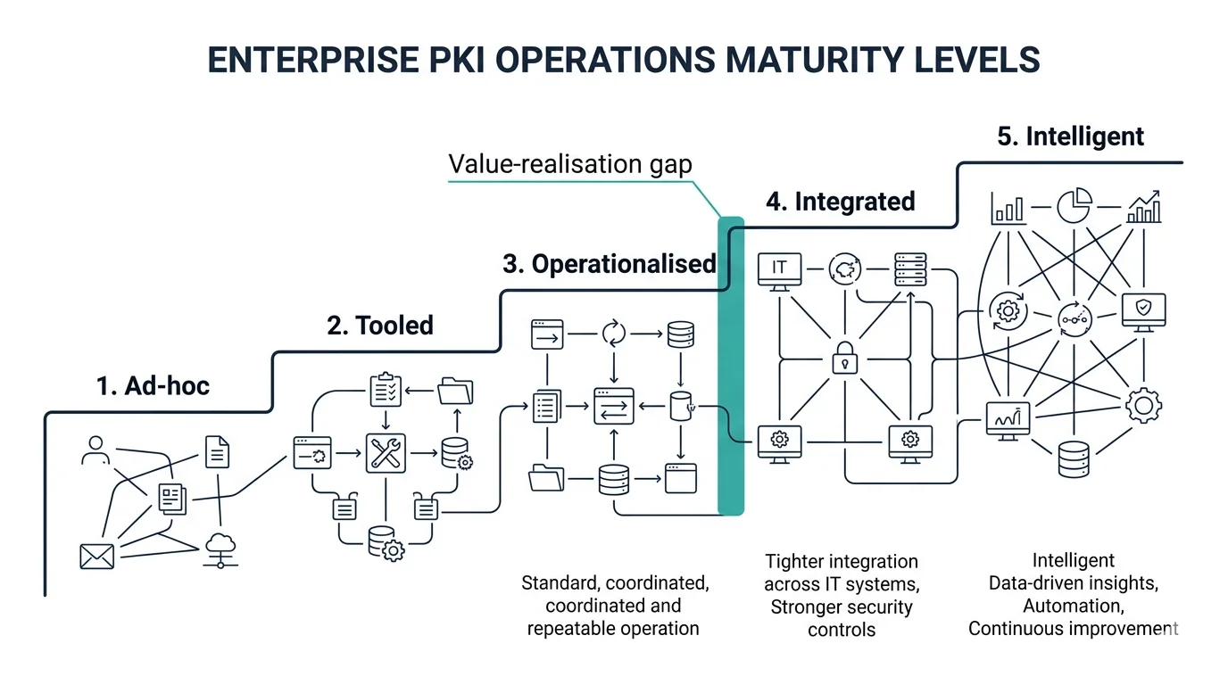 Figure 2. The five-level PKI operational maturity progression. Tools take an organisation from level 1 to level 2; operating models take an organisation from level 2 to level 4. The progression from level 2 to level 4 is the value-realisation gap for any CLM investment — and the journey no platform vendor can sell.
