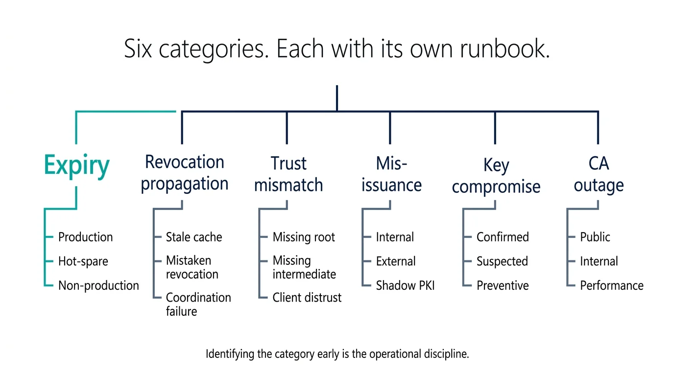 Figure 1. The certificate incident category taxonomy. Six categories with subcategories — expiry is by far the most frequent and the most preventable. Each category has its own runbook; identifying the category early is the operational discipline that distinguishes mature incident response from generic service-incident handling.