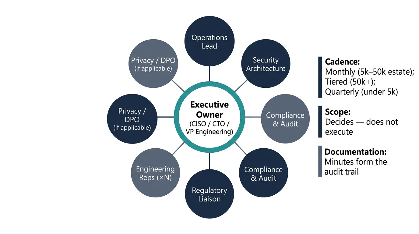 Figure 1. The certificate governance steering function. The steering group decides; the operations function executes. The mature pattern is operations bringing problems and recommendations to steering, steering deciding between options, operations executing the decision, and the next meeting reviewing outcomes.