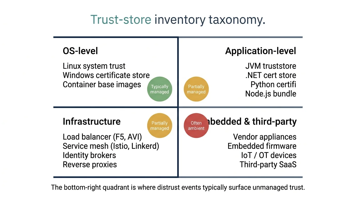 Figure 1. The trust-store inventory taxonomy. Most enterprises actively manage one quadrant (typically OS-level on cloud-native services), partially manage a second (application-level on key platforms), and have ambient or unmanaged trust stores in the remaining quadrants. The embedded and third-party quadrant is where distrust events surface unmanaged trust because the trust state was never visible to the operations team in the first place.