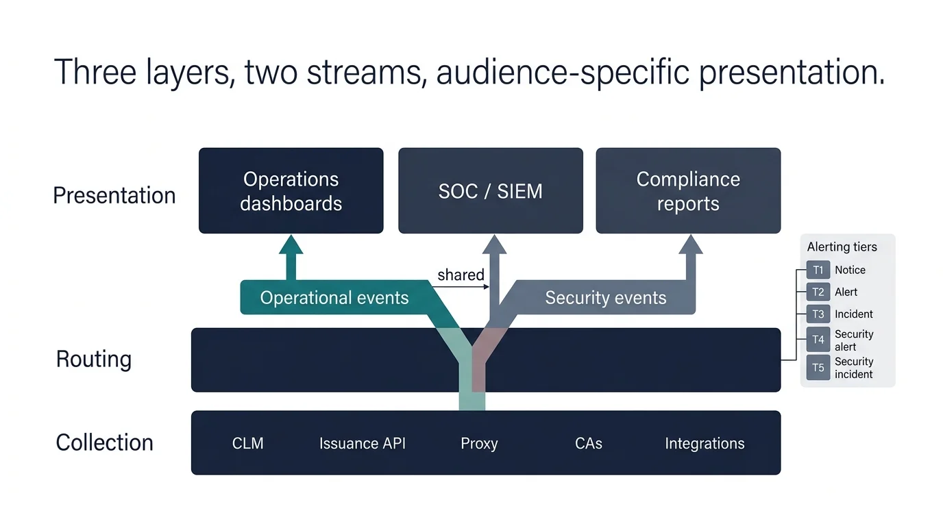 Figure 1. The three-layer logging architecture. Collection is unified — events flow from the same sources regardless of audience. Separation happens at the routing layer, where events are sent to operational observability, security SIEM, or both. Presentation is audience-specific. The tiered alerting hierarchy (T1–T5) governs which events page whom and on what cadence.