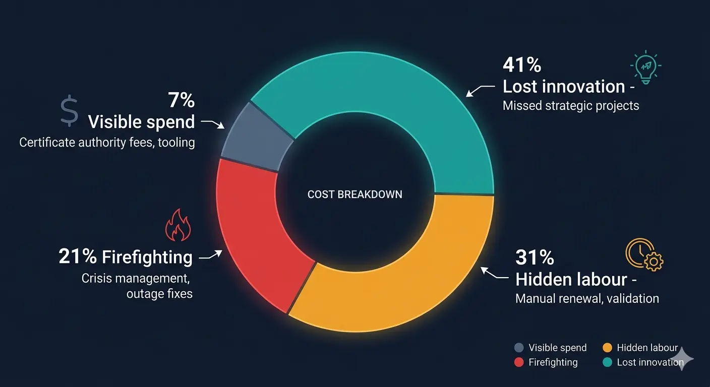 Figure 1. Certificate management cost breakdown across enterprise clients. 7% visible spend (licenses, CA fees). 31% hidden labour (manual tracking, renewal coordination, spreadsheet maintenance). 21% firefighting cost (emergency response, war rooms, out-of-hours incidents). 41% lost innovation (senior engineers doing work that should be automated). Donut chart on dark background with teal/amber/red/slate segments.