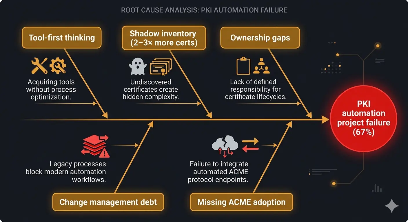 Figure 2. Root causes of PKI automation project failure (67% fail rate). Five cause boxes feeding into a central 'Project failure' node: 'Tool-first thinking' (bought platform before mapping operations), 'Shadow inventory' (2–3× more certs than expected), 'Ownership gaps' (no defined cert owner per system), 'Change management debt' (no runbooks, no approval process), 'Missing ACME adoption' (renewal still manual after tooling deployed). Dark background, red failure node, amber cause boxes, white labels.