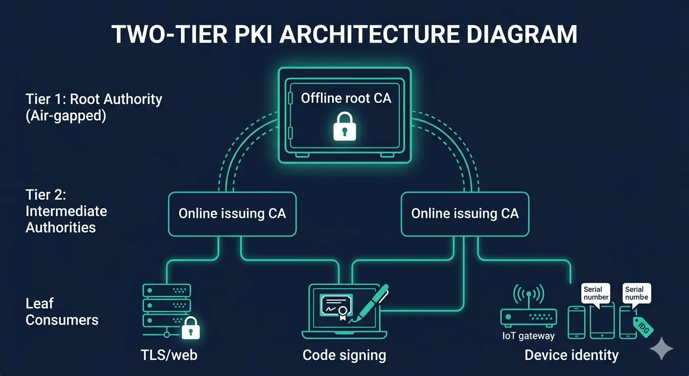 Figure 2. Two-tier PKI architecture with offline root. The offline root CA (air-gapped, HSM-protected) issues certificates only to online issuing CAs. Issuing CAs serve distinct consumer types — TLS/web, code signing, and device identity — each with appropriate certificate profiles and validity periods.
