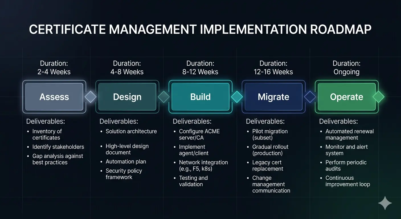 Figure 1. Five-phase PKI implementation roadmap with typical durations. Assess (4–8 weeks), Design (4–6 weeks), Build (8–16 weeks), Migrate (12–24 weeks), Operate (ongoing). Each phase has key deliverables; the Build and Migrate phases are the longest and most often underestimated.