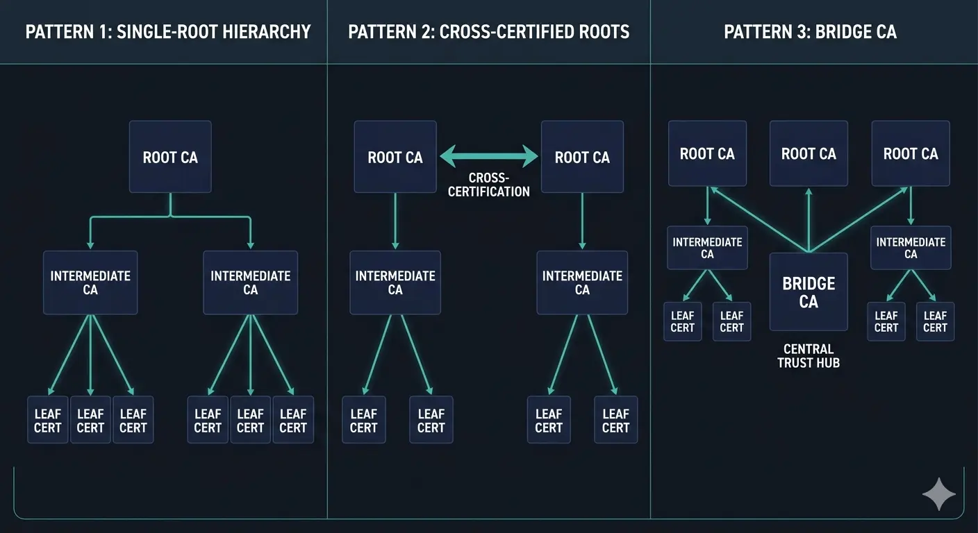 Figure 1. The three core PKI trust model patterns. Left: single-root hierarchy (most common enterprise pattern). Centre: cross-certified roots (two independent hierarchies that mutually trust each other). Right: bridge CA (a dedicated bridge cross-certifies with multiple separate root CA islands, enabling federation without subordination).