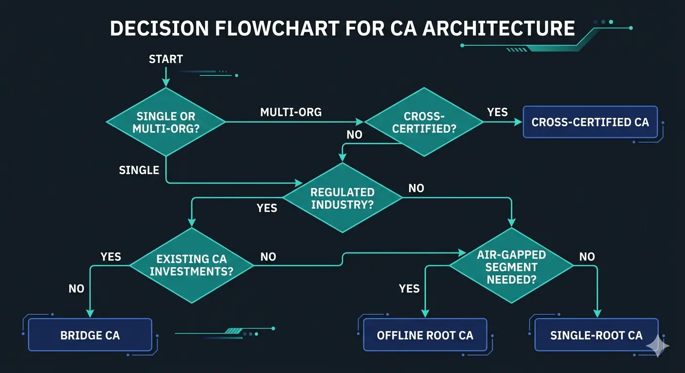 Figure 2. Trust model selection flowchart. Start with 'Single org or multi-org?' and follow decision gates for regulated industry requirements, existing CA investments, and air-gapped segments to reach a recommended architecture: single-root hierarchy, cross-certified roots, bridge CA, or offline root variant.