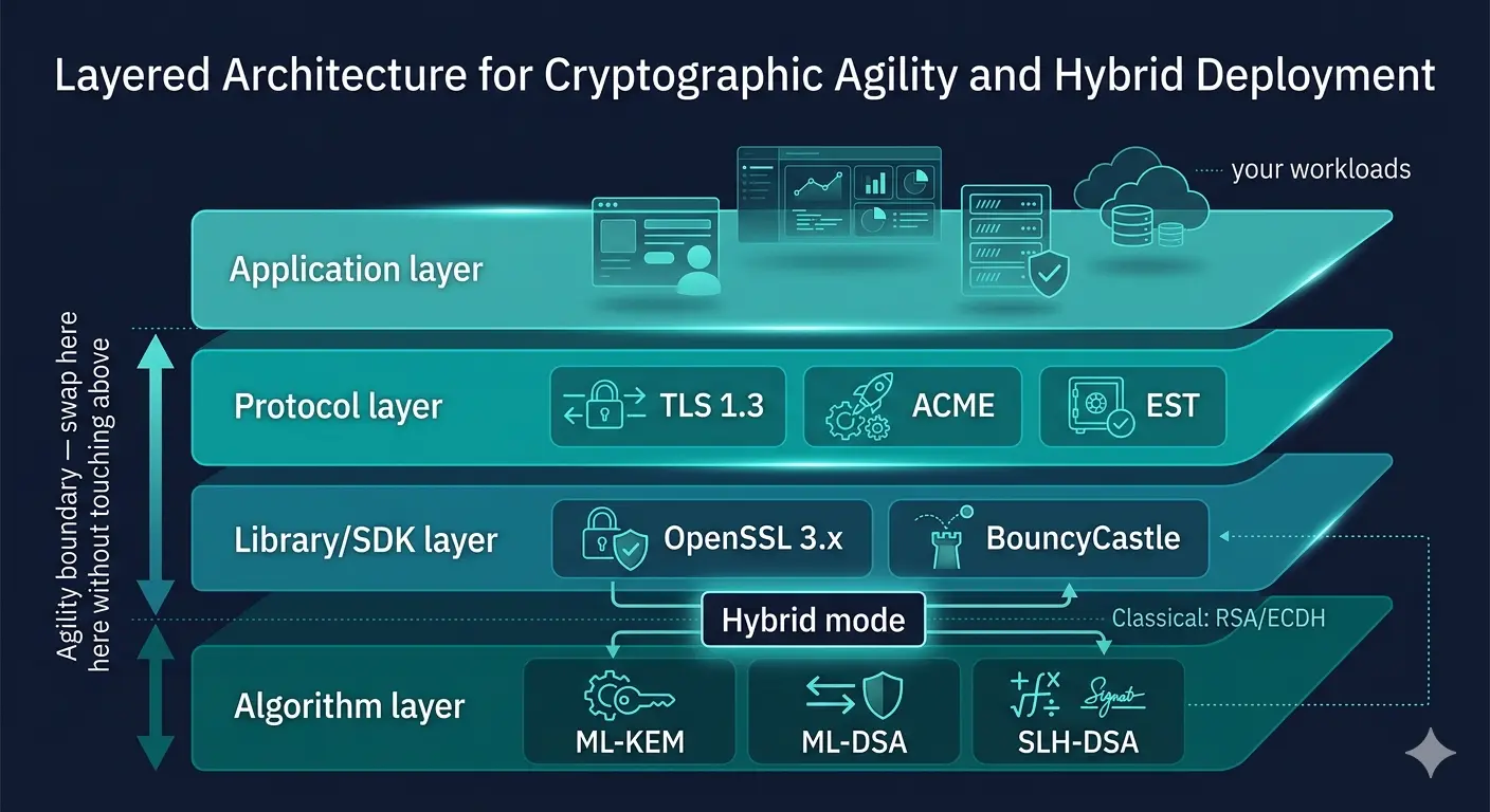 Figure 1. The four-layer crypto-agility stack. Algorithm changes (bottom) propagate upward through the library/SDK layer, the protocol layer, and into applications — but only if each layer supports swappable algorithms. The vertical 'agility boundary' marks where a well-architected system can swap ML-DSA for ECDSA with a policy change rather than a multi-year re-integration project.